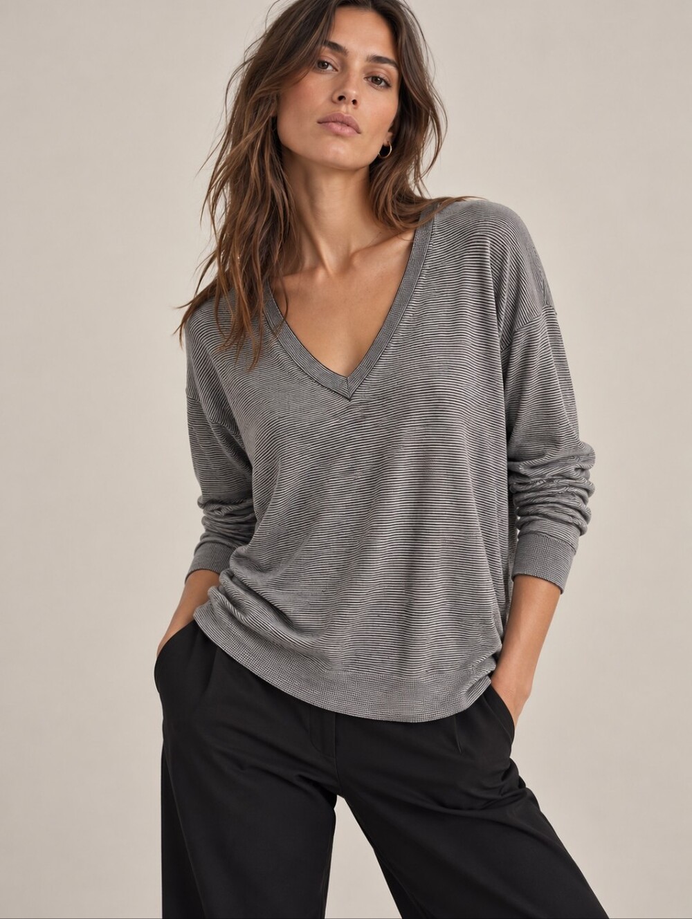 Theory New TRULINDA‎ B ETERNAL LINEN WOOL Blend V Neck LS Pullover Top MEDIUM